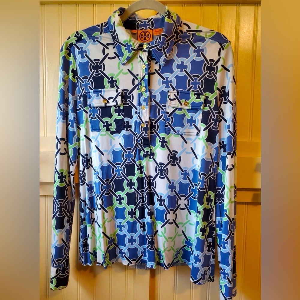 Tory Burch Blue and Green Casual Button Down Shirt 💯 silk
